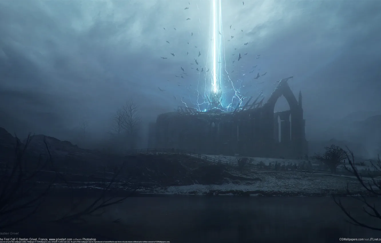 Фото обои лучи, темнота, мрак, развалины, руины, CG wallpapers, Bastien Grivet, The first call