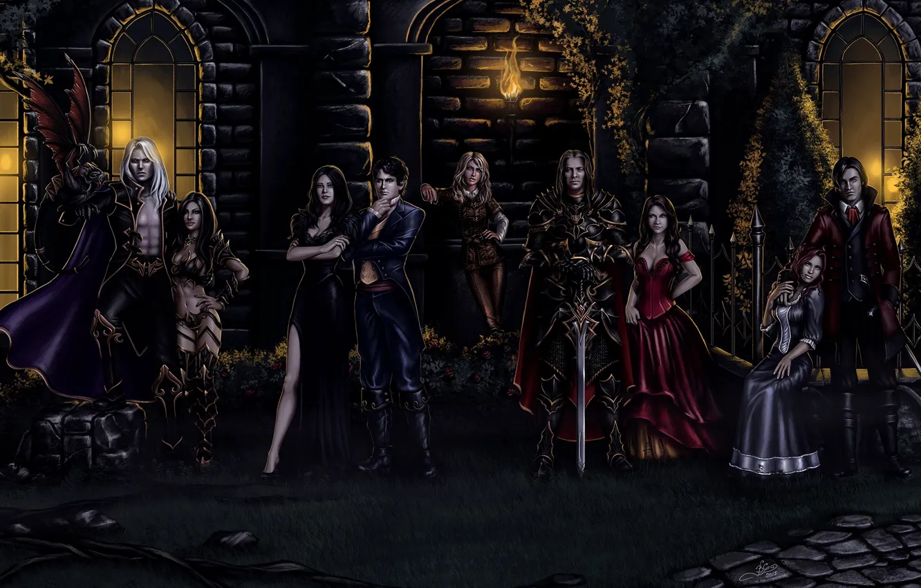 Фото обои женщины, ночь, замок, меч, мистика, арт, факел, вампир