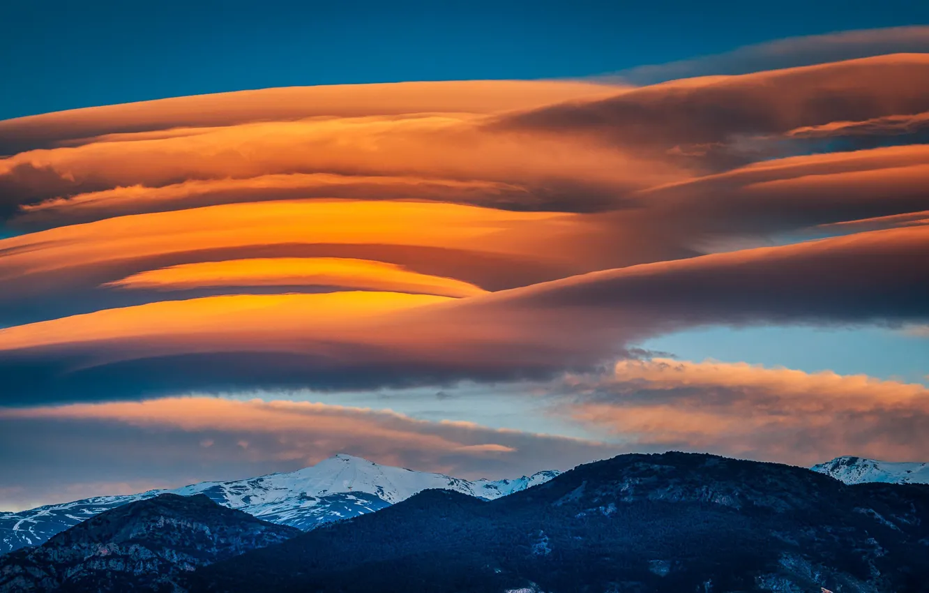 Фото обои облака, горы, зарево, Испания, Сьерра Невада