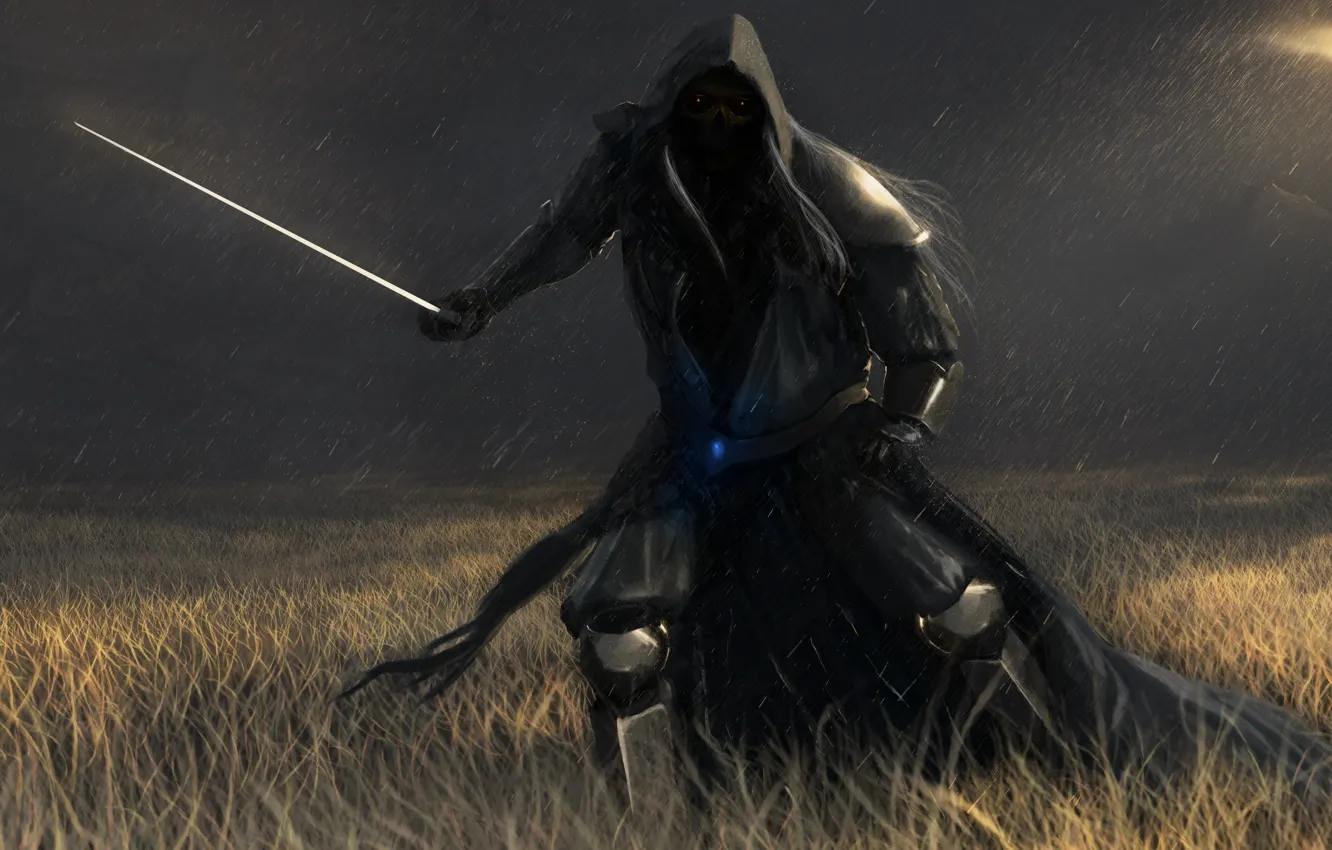 Фото обои поле, дождь, тьма, человек, череп, меч, арт, капюшон