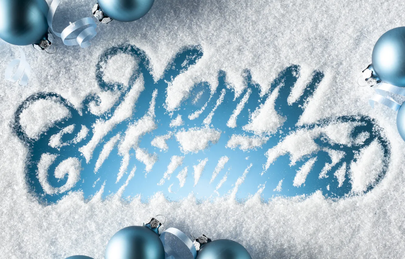 Фото обои снег, праздник, надпись, шары, Рождество, синие, поздравление, Merry Christmas