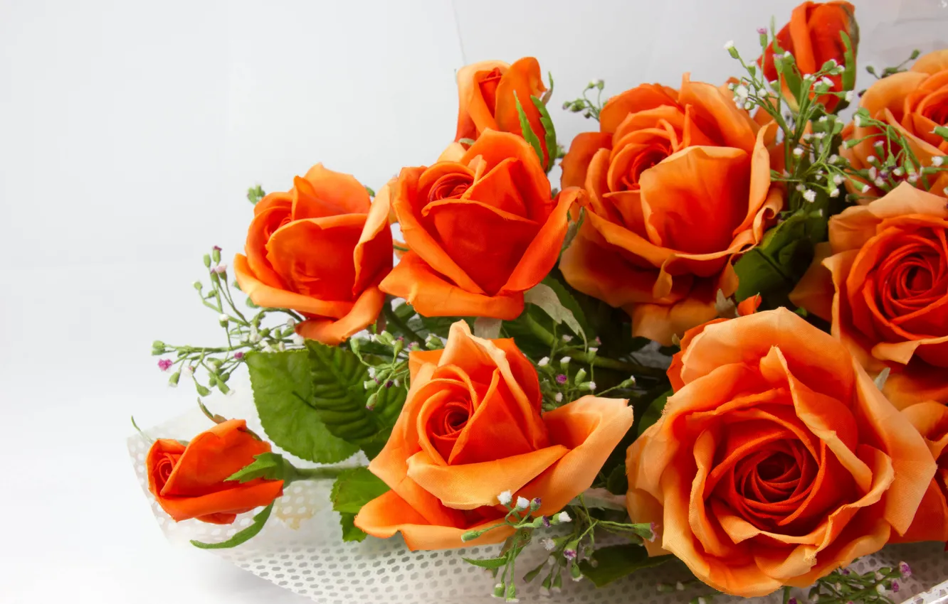 Фото обои листья, цветы, стебли, розы, букет, лепестки, оранжевые, искусственные