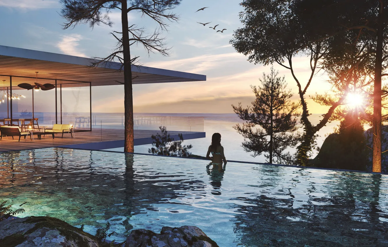 Фото обои девушка, закат, бассейн