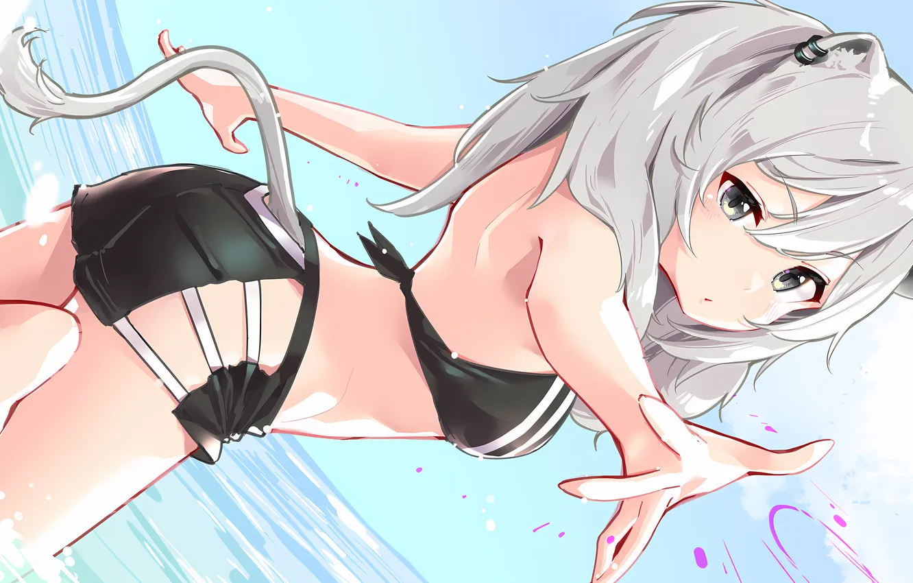 Фото обои girl, ass, beach, long hair, sea, animal ears, anime, water