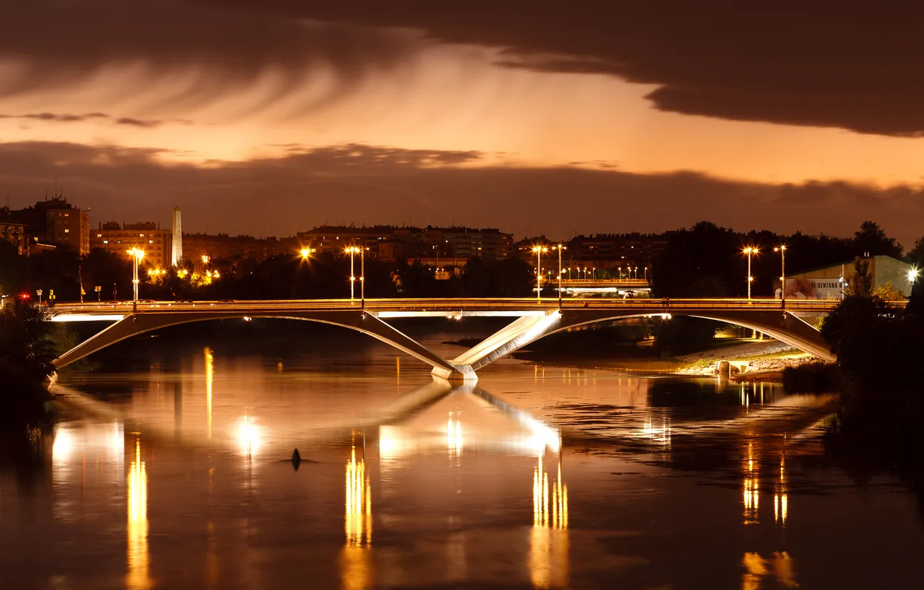Фото обои мост, город, огни, река, вечер