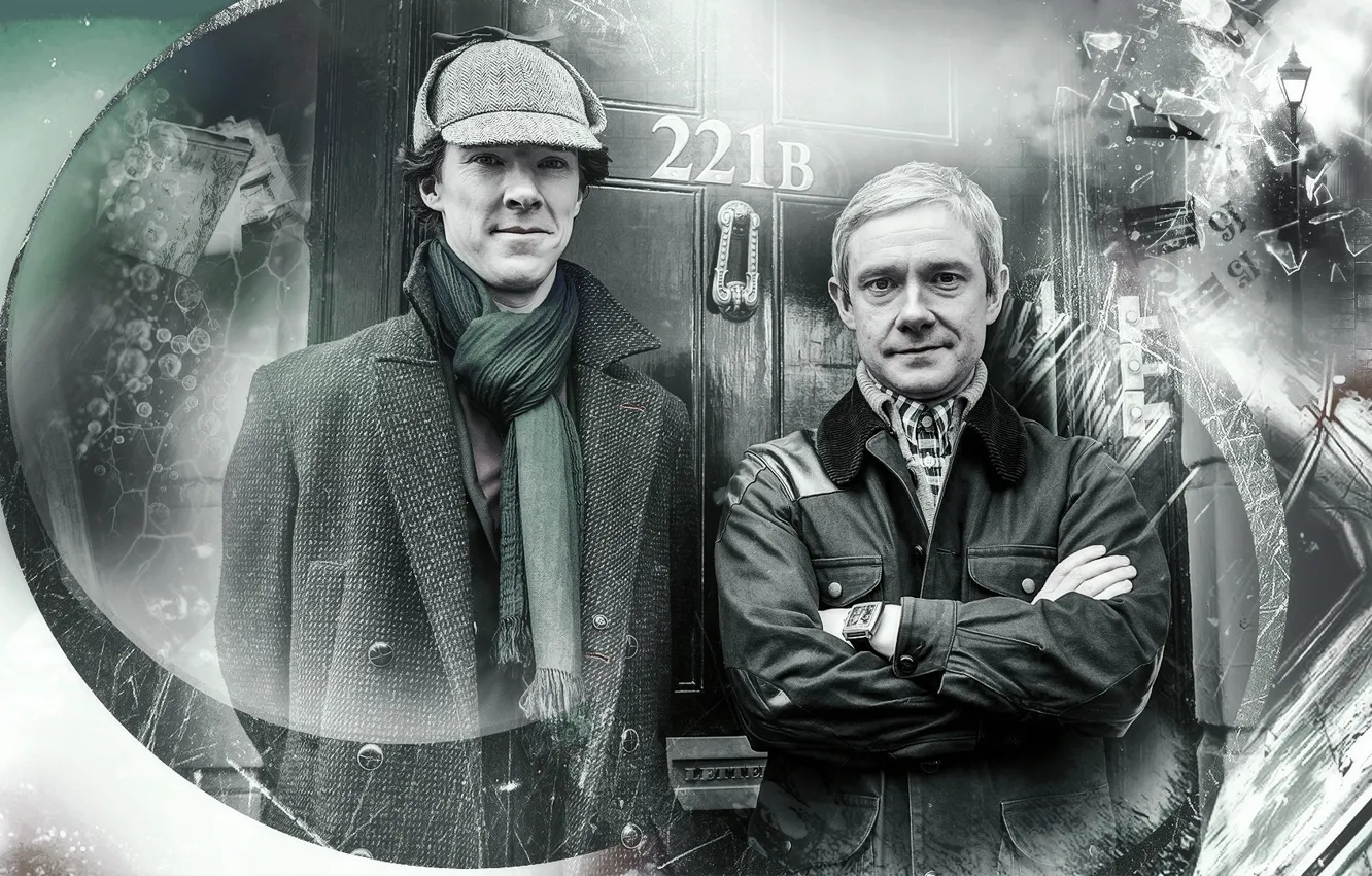 Фото обои коллаж, шапка, арт, фонари, Шерлок Холмс, Мартин Фриман, Бенедикт Камбербэтч, Benedict Cumberbatch