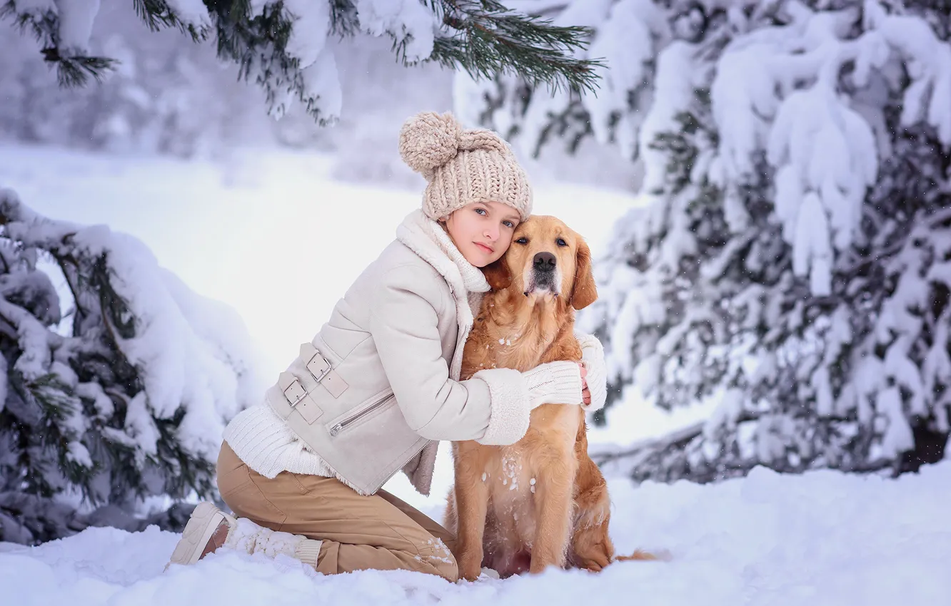 Фото обои зима, снег, деревья, природа, собака, ели, девочка, друзья
