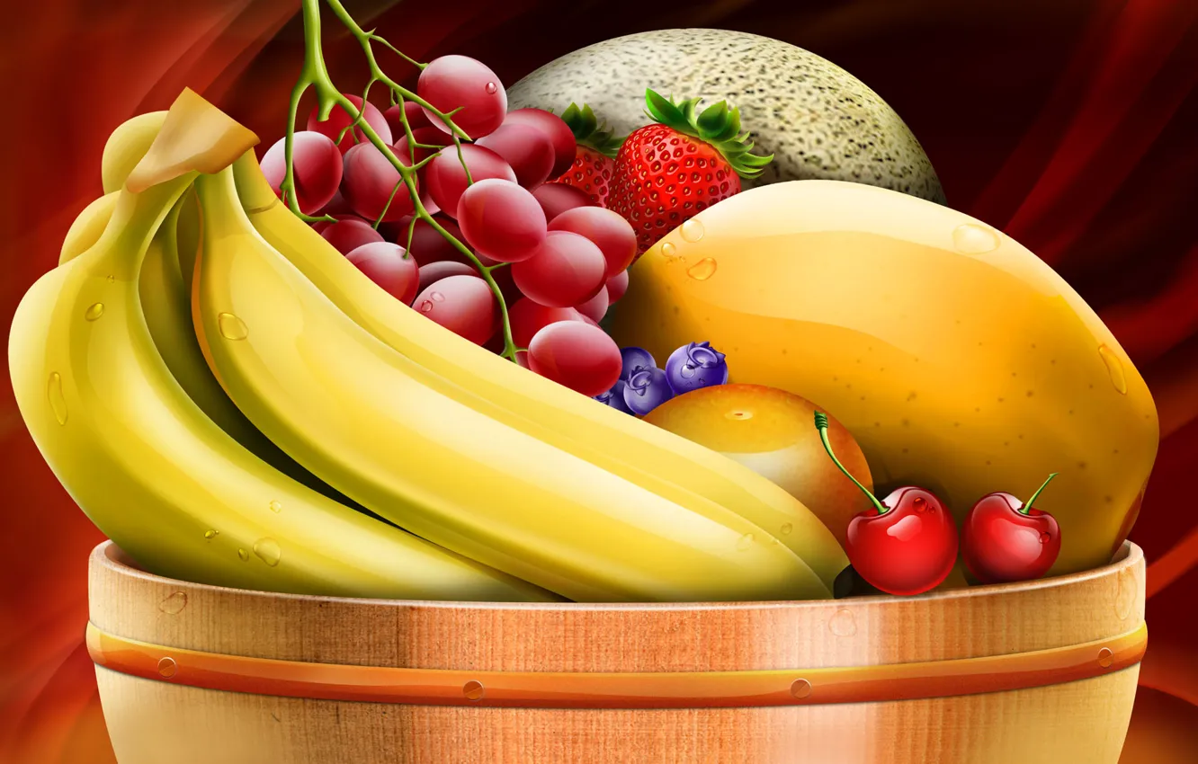 Фото обои виноград, бананы, миска с фруктами