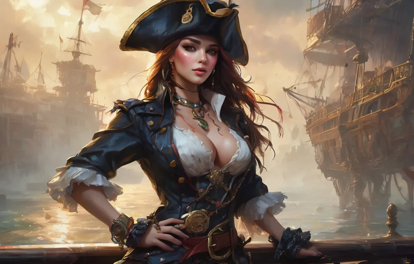 Фото обои girl, fantasy, cleavage, hat, breast, brunette, ship, digital art
