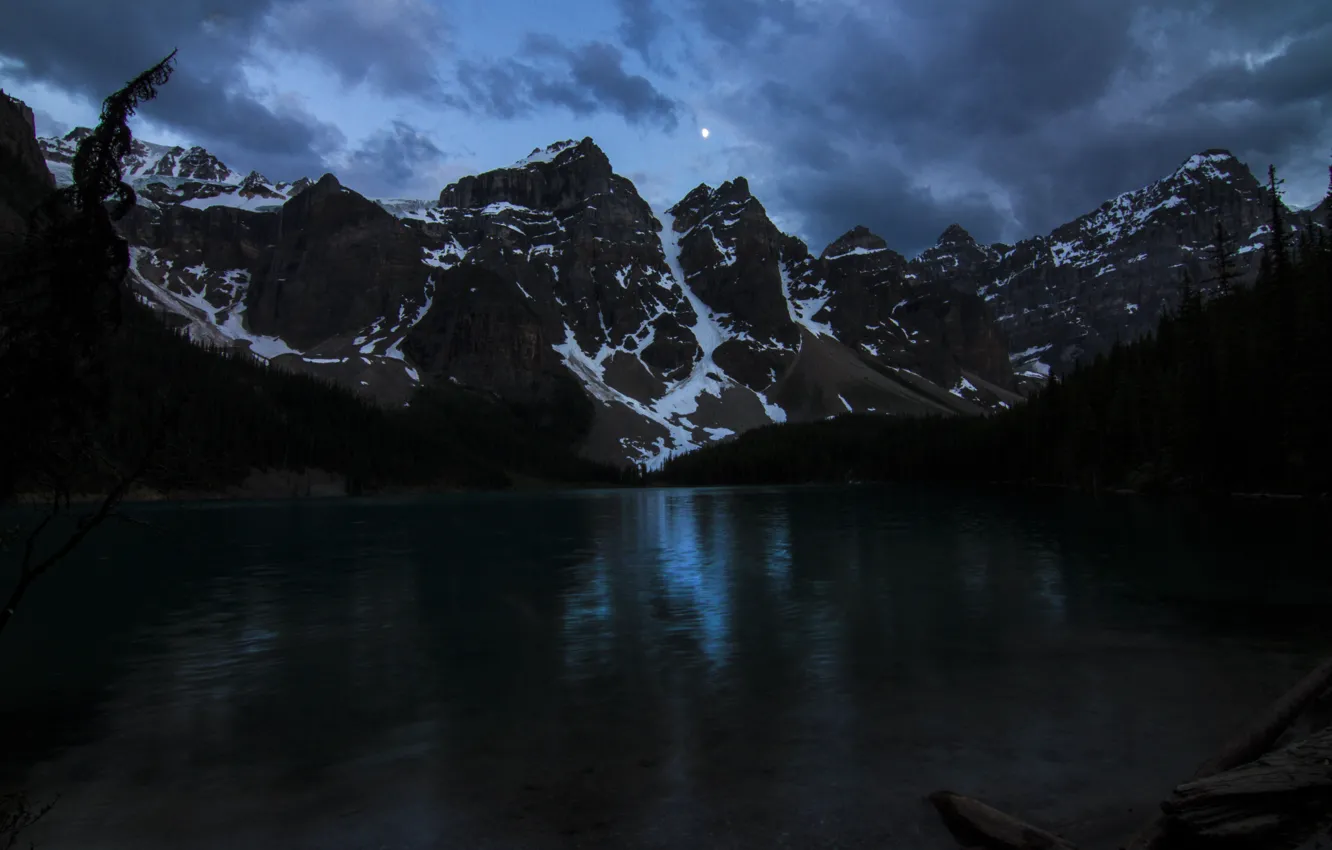 Фото обои небо, облака, горы, природа, скалы, луна, вечер, Канада
