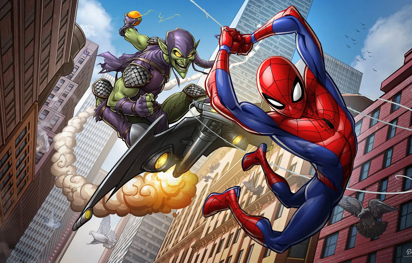 Фото обои art, Spider-man, Marvel Comics, green goblin, Patrick Brown, PatrickBrown