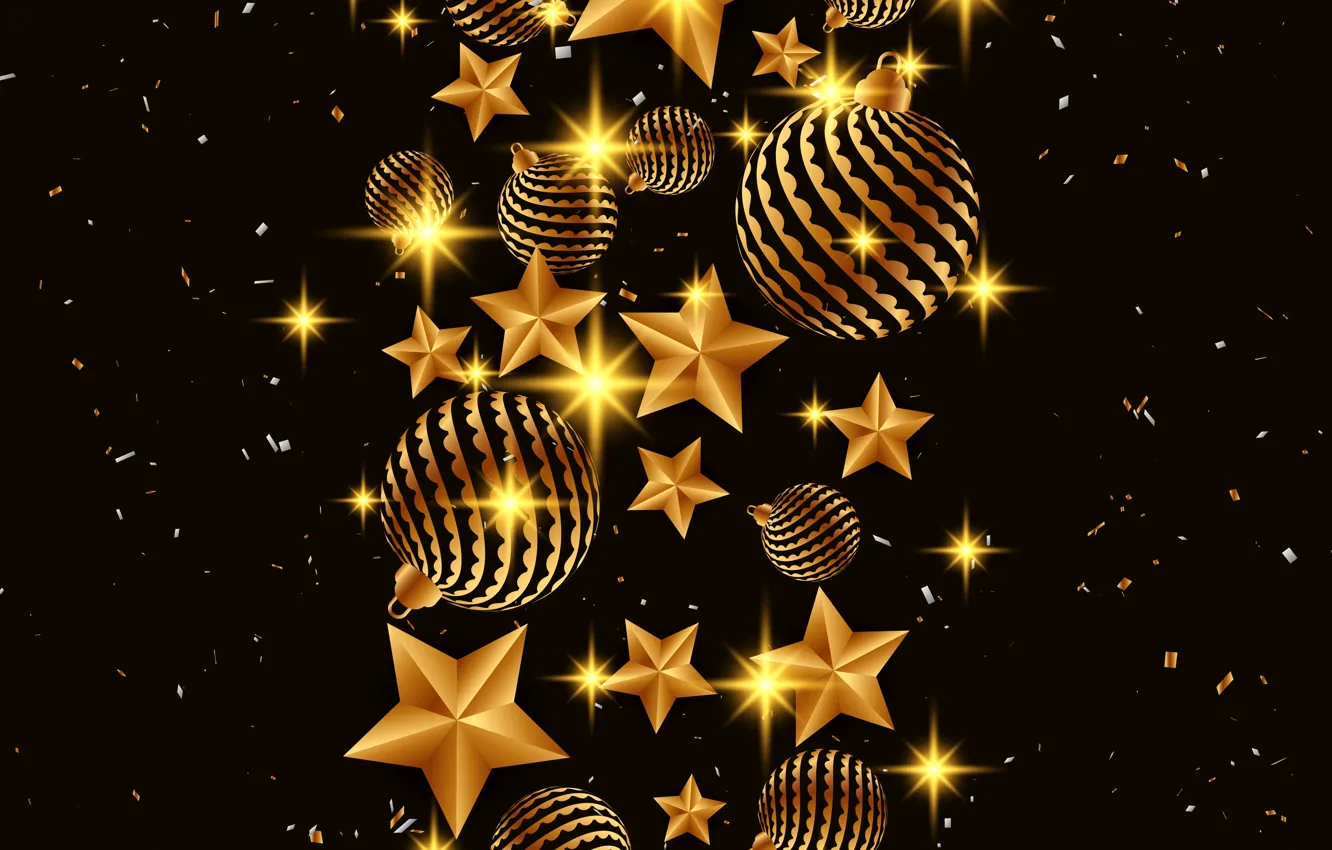 Фото обои звезды, украшения, золото, Рождество, Новый год, golden, christmas, черный фон