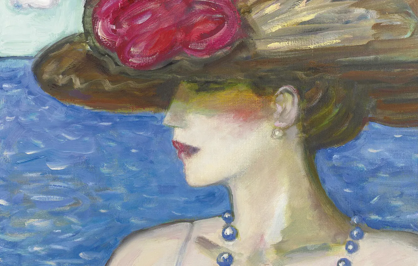 Фото обои море, 2006, шляпа, бусы, Памела, Современная французская живопись, Жан-Пьер Кассиньоль