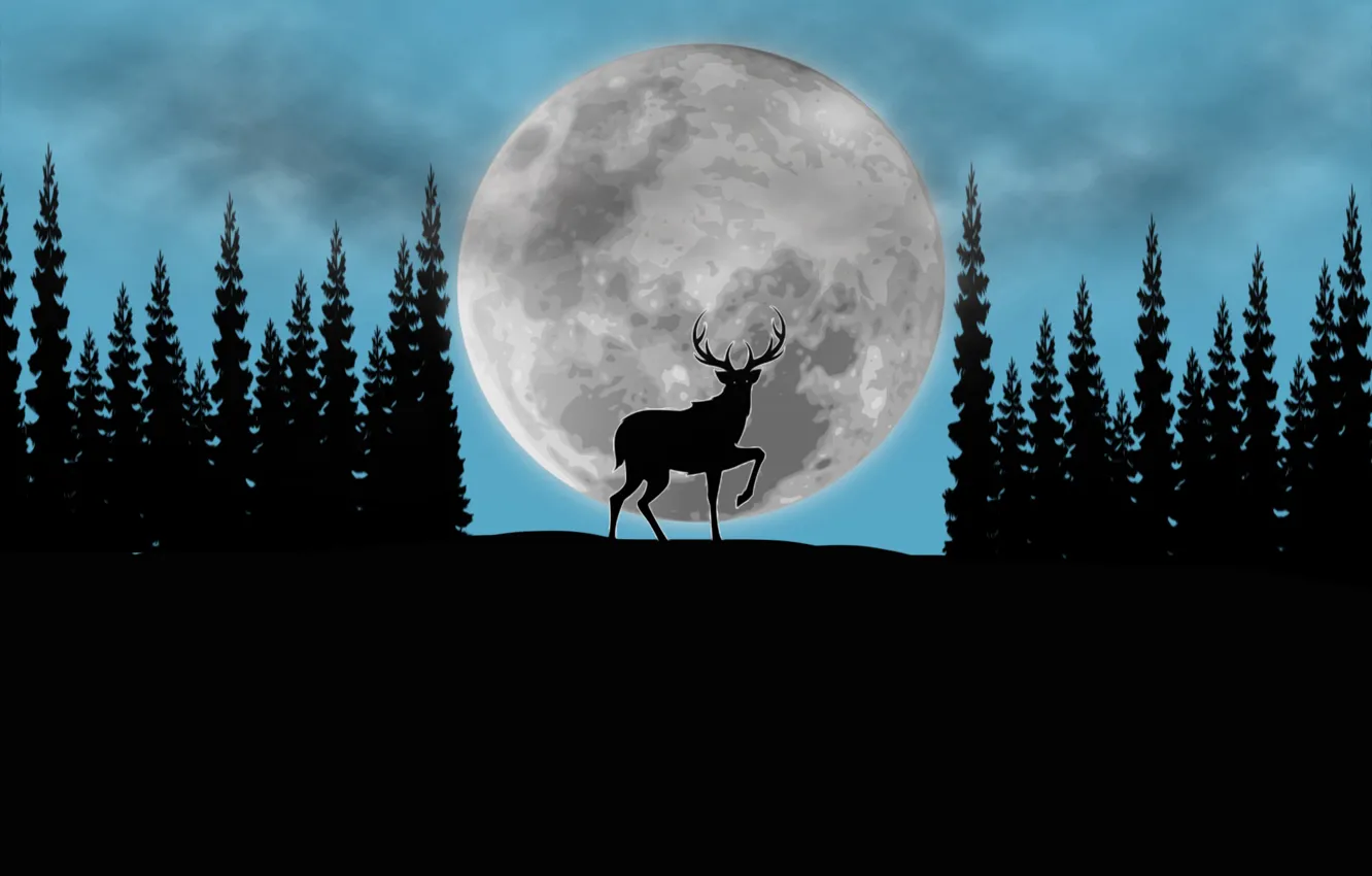 Фото обои лес, луна, олень, арт, картинка