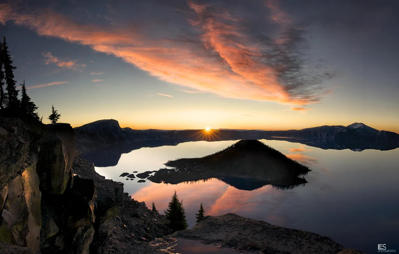 Фото обои природа, озеро, рассвет, остров, кратер, Oregon, national park, Crater lake