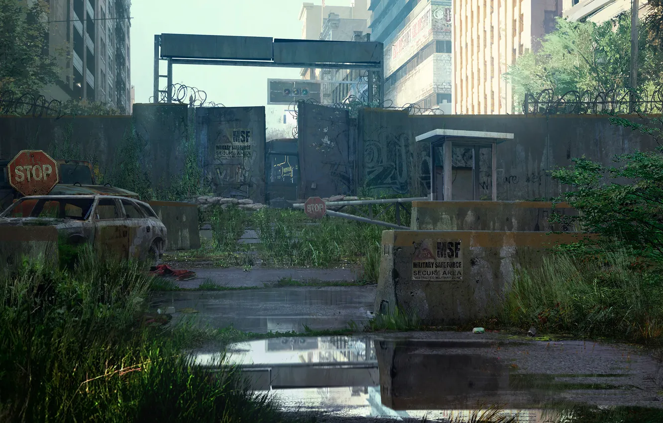 Фото обои машины, город, стена, апокалипсис, эпидемия, The Last of Us