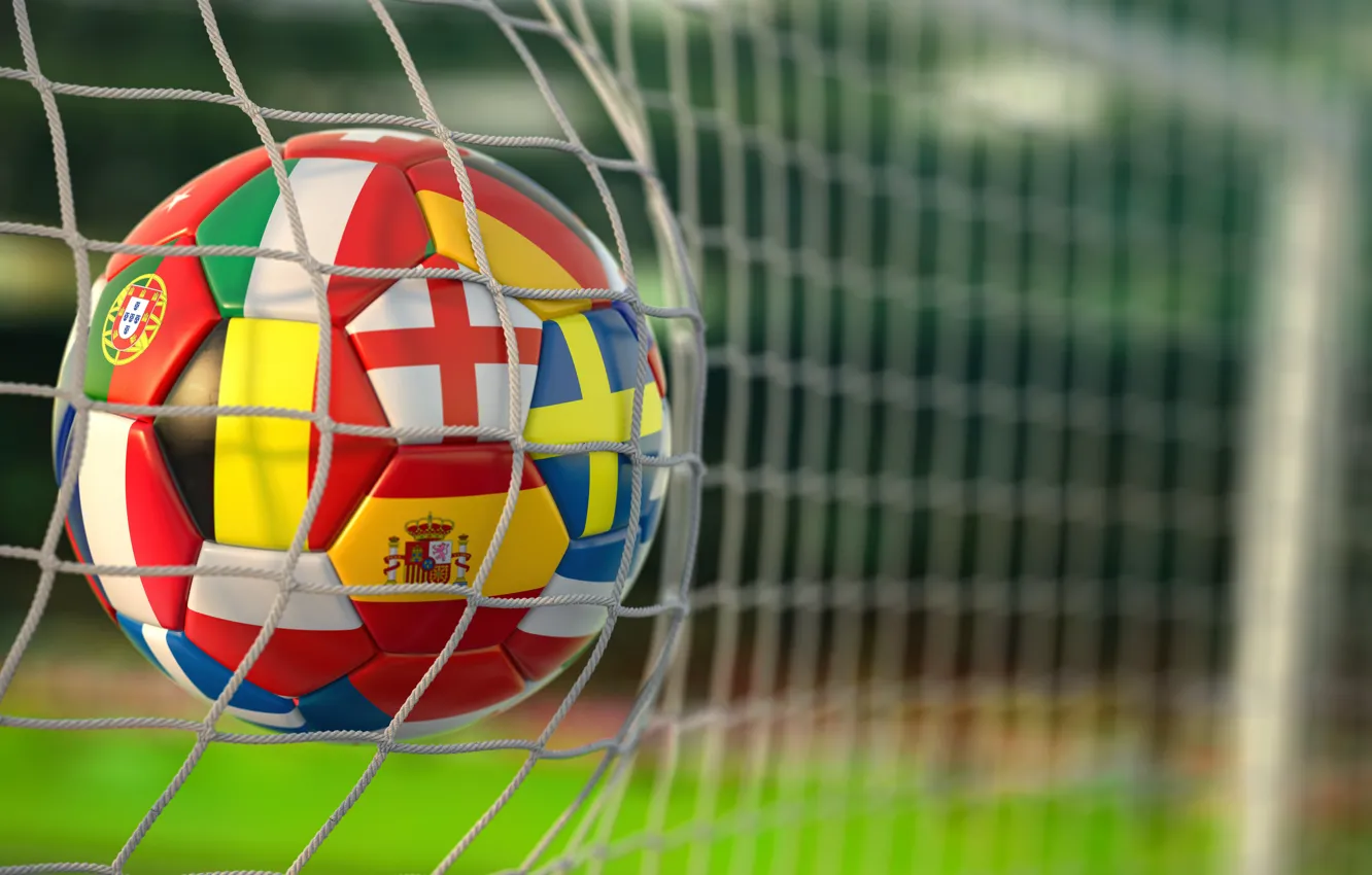 Фото обои Football ball with flags of european countries, 3d иллюстрация, В сетке ворот футбольного стадиона, Чемпионат …