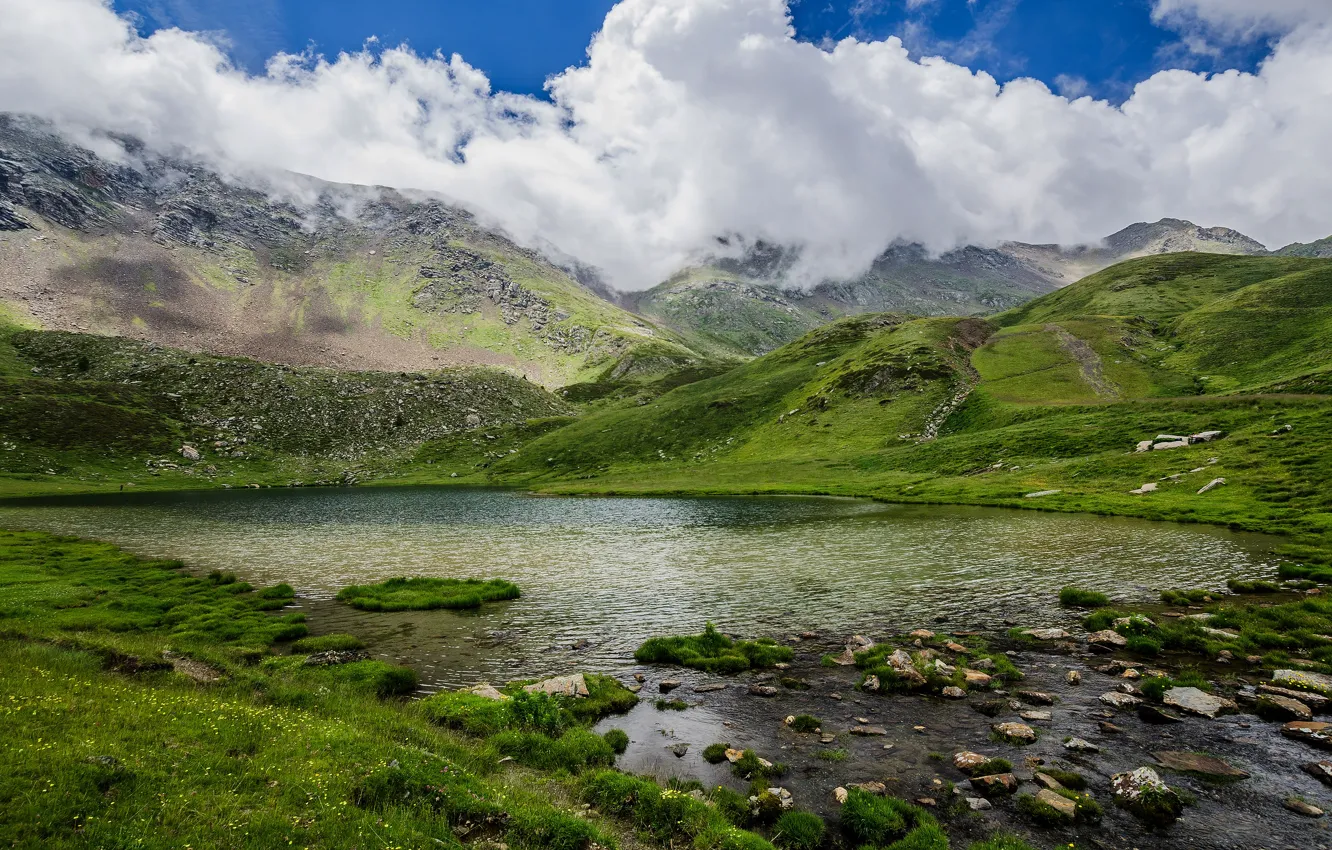 Фото обои горы, камни, берег, водоем
