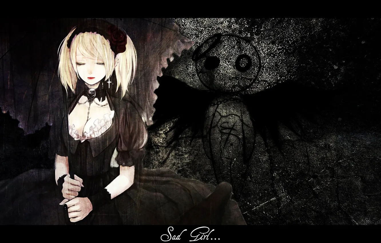 Фото обои стена, череп, ангел, цепь, символ, закрытые глаза, sad girl, черные крылья