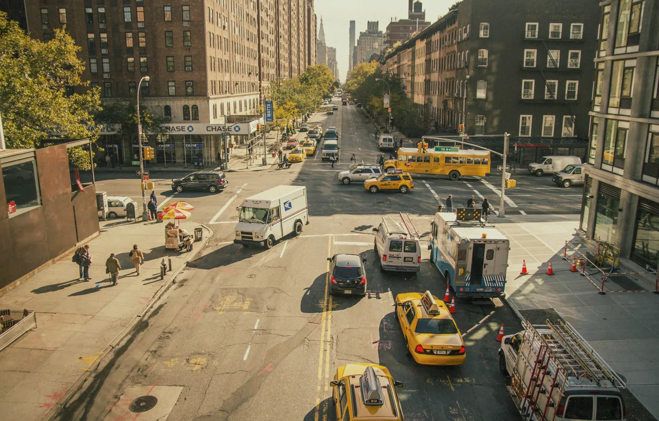 Фото обои city, город, люди, улица, здания, Нью-Йорк, фотограф, такси
