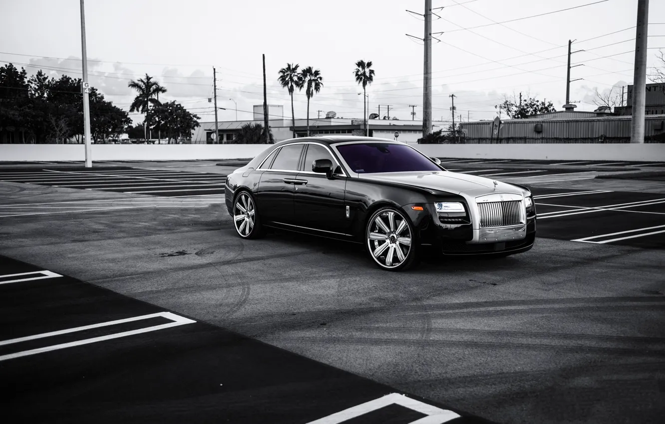 Фото обои чёрный, фары, Rolls Royce, Ghost, диски, black, ролс ройс