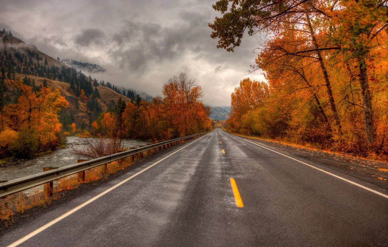 Фото обои дорога, осень, природа, река