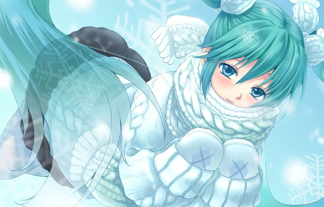 Фото обои зима, девушка, снежинки, vocaloid, hatsune miku, шарфик, вокалоид, варежки