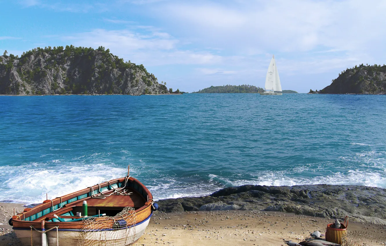 Фото обои море, берег, лодка, яхта, улов