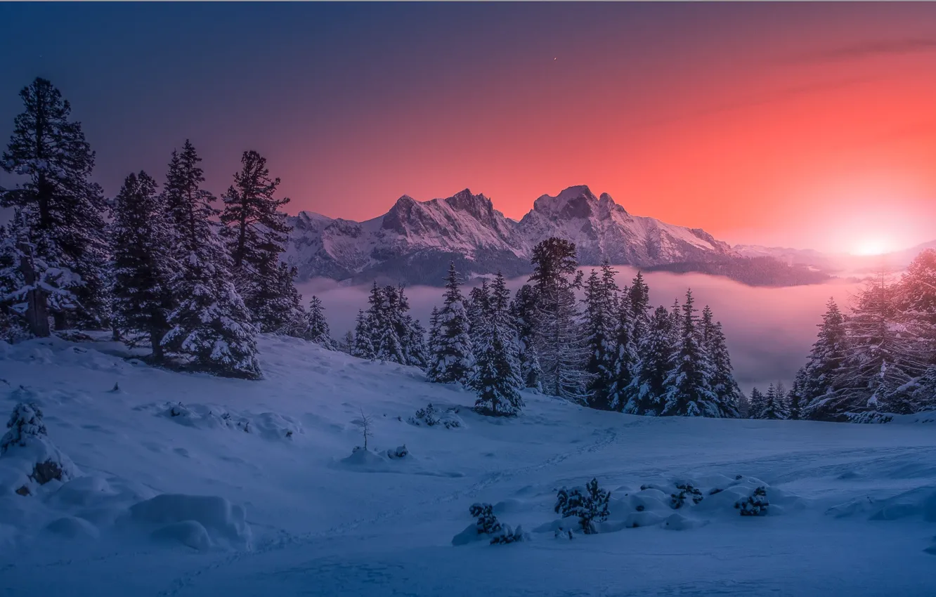 Фото обои зима, снег, горы, рассвет, утро