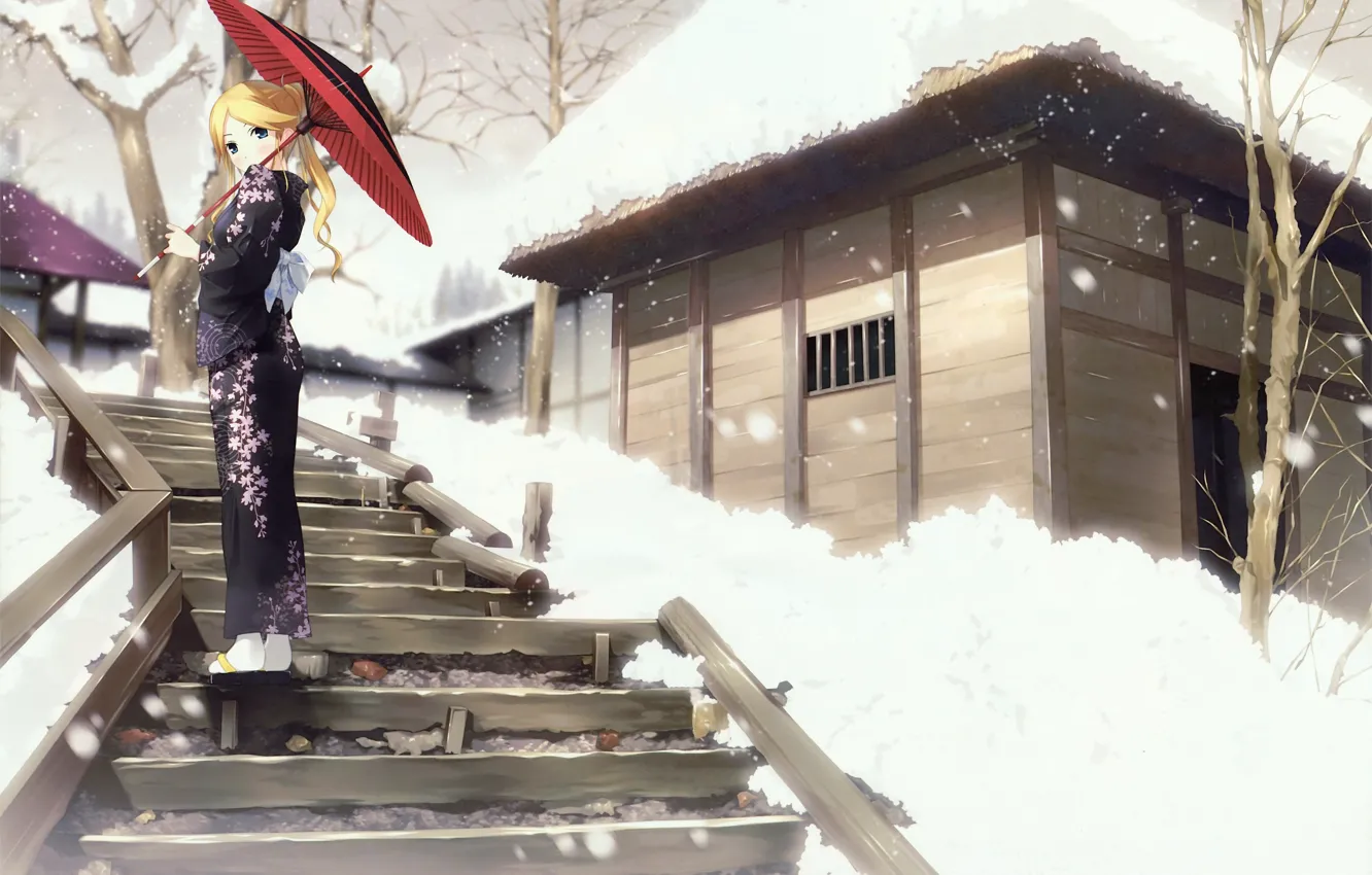 Фото обои зима, снег, зонт, Япония, лестница, кимоно, art, деревянный домик