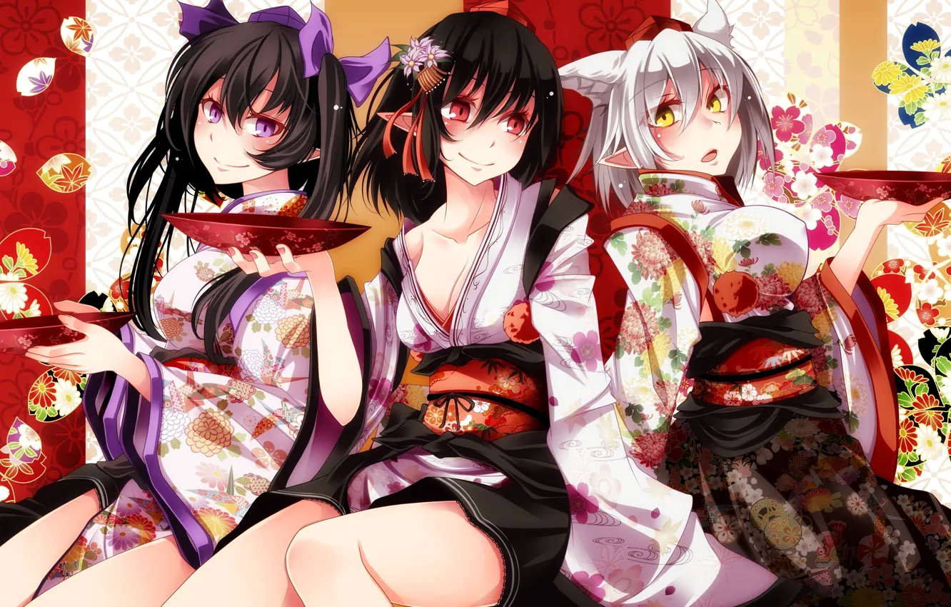 Фото обои девушки, аниме, арт, кимоно, ушки, touhou, shameimaru aya, himekaidou hatate