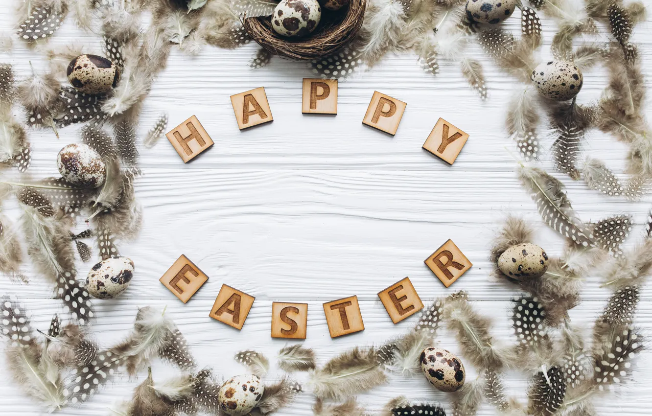 Фото обои яйца, перья, Пасха, wood, spring, Easter, eggs, decoration