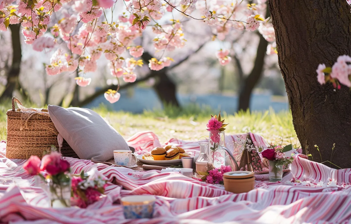 Фото обои деревья, парк, весна, сакура, пикник, цветение, trees, pink