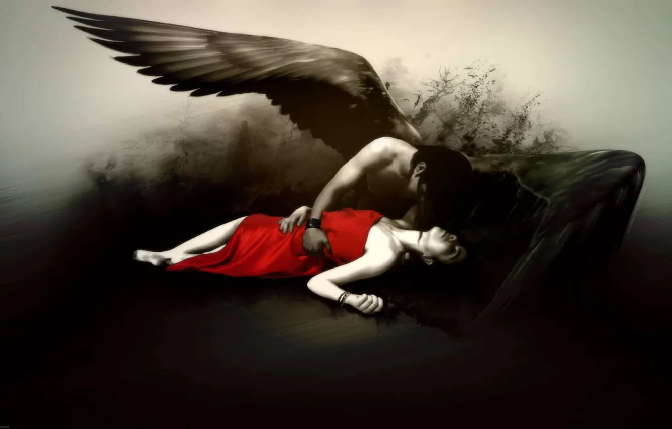 Фото обои девушка, черно-белая, ангел, красное платье