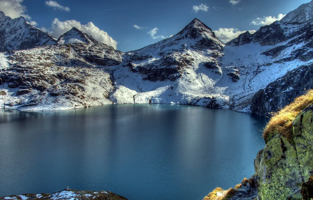 Фото обои зима, снег, горы, озеро, фото, скалы