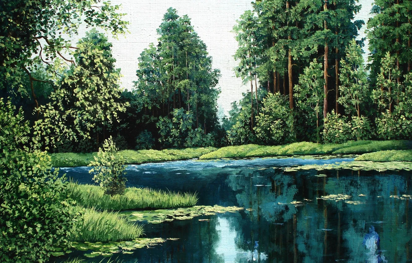 Фото обои лес, вода, деревья, пейзаж, природа, озеро, картина, сосны