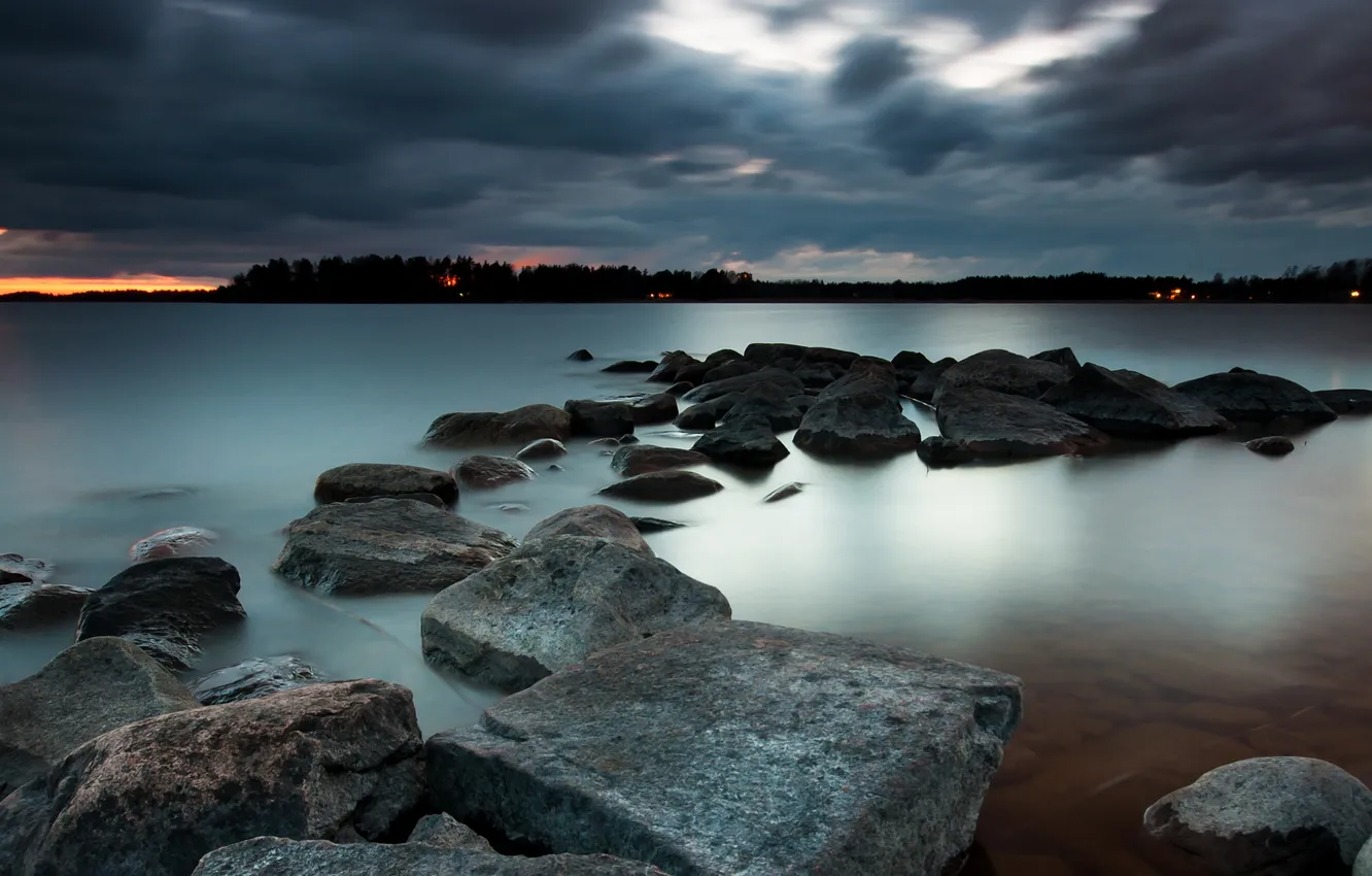 Фото обои ночь, озеро, камни