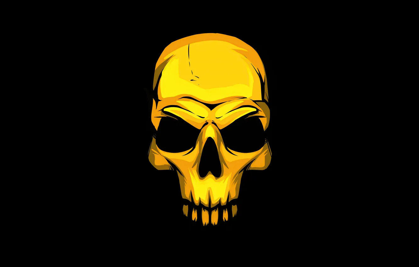 Фото обои желтый, череп, минимализм, золотой, черный фон, Skull, золотой череп