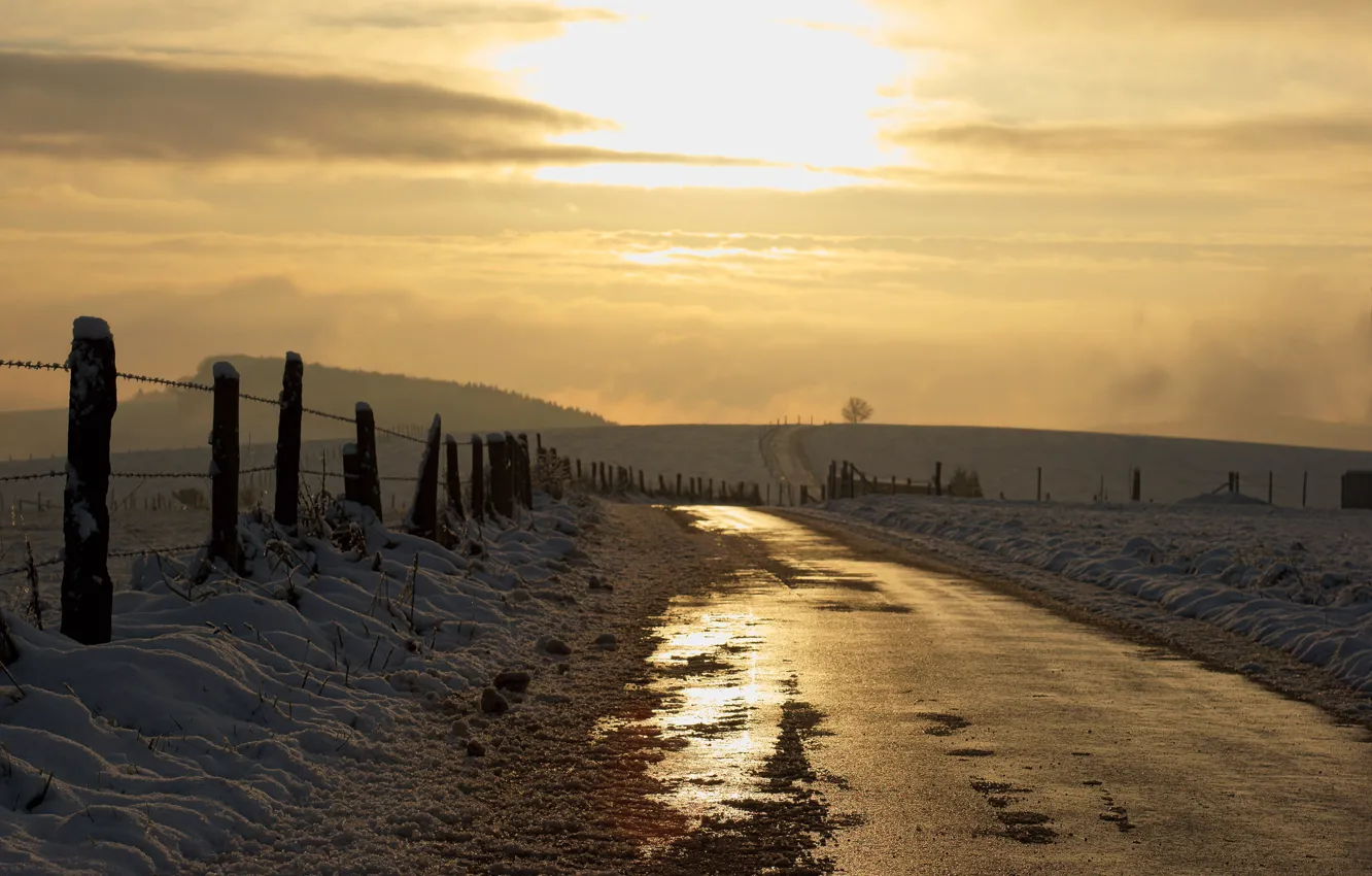 Фото обои дорога, свет, снег