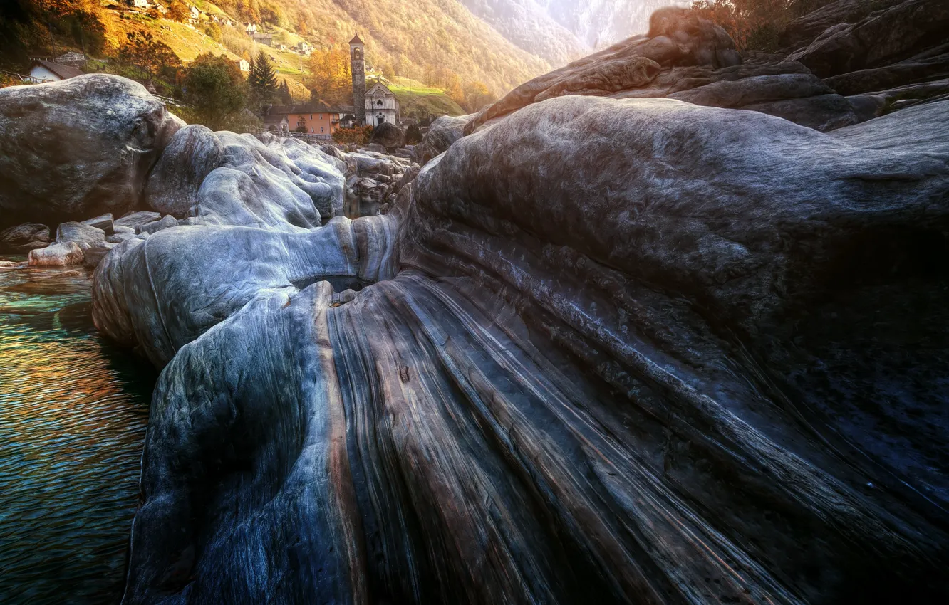 Фото обои river, Switzerland, Valle Verzasca