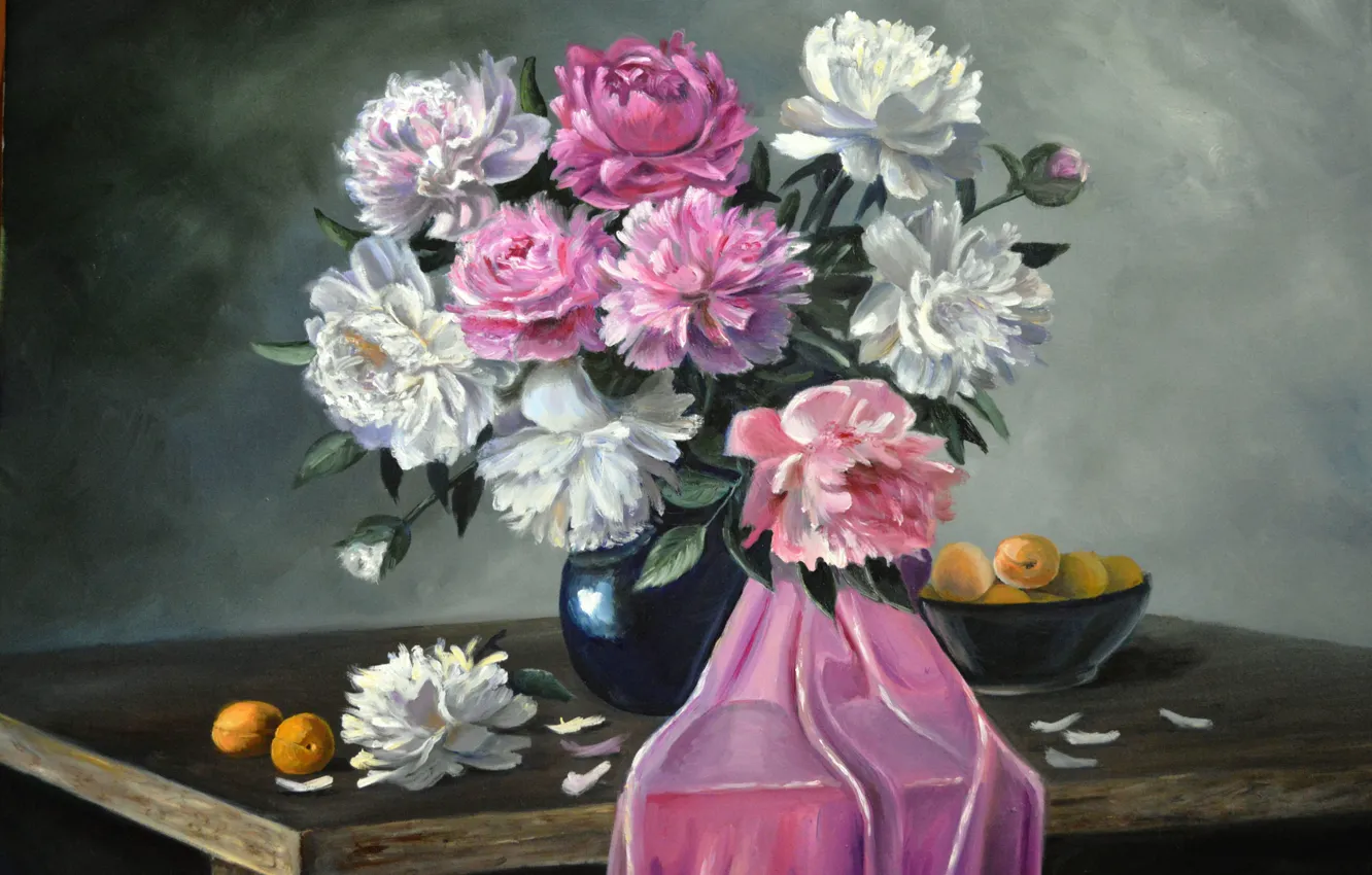 Фото обои цветы, стол, картина, ваза, натюрморт, живопись, абрикосы, Луценко