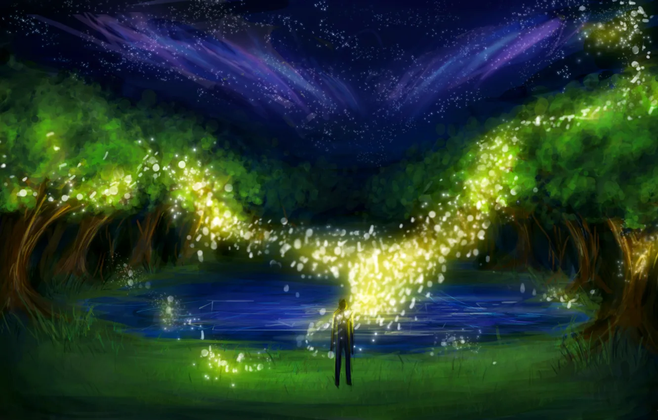 Фото обои трава, деревья, ночь, озеро, светлячки, человек, огоньки, арт