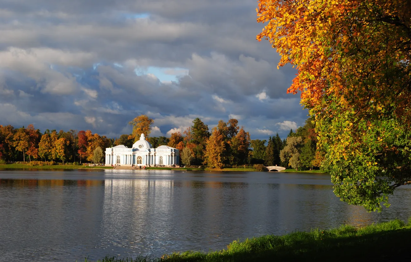 Фото обои осень, небо, листья, пруд, сад, архитектура, Пушкин, Царское село