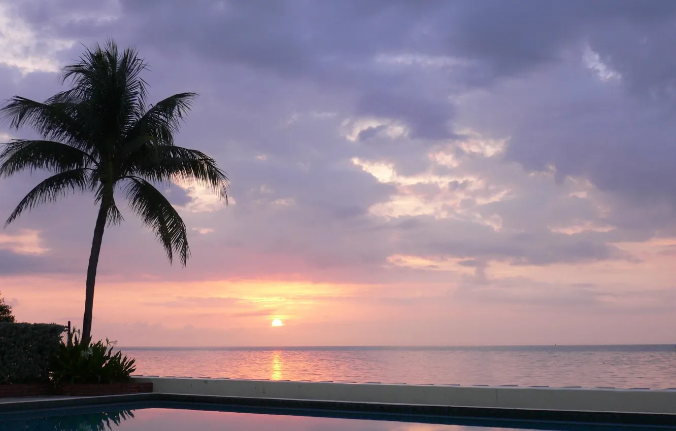Фото обои море, солнце, облака, пальма, бассейн