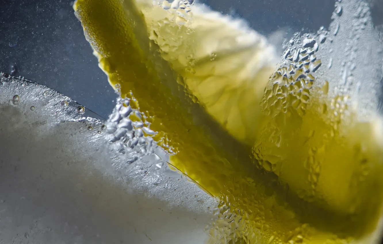 Фото обои капли, макро, лимон, лёд, долька