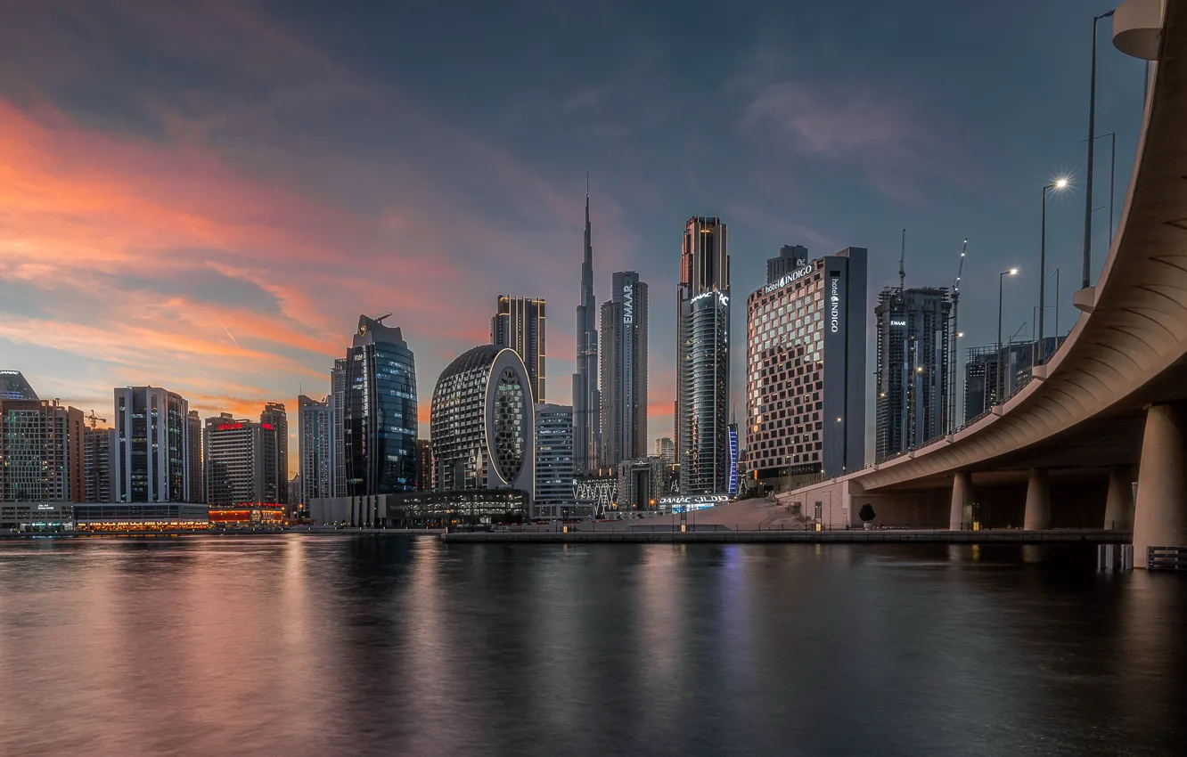 Фото обои City, House, Clouds, Bridge, Water, Evening, Sea, Buildings