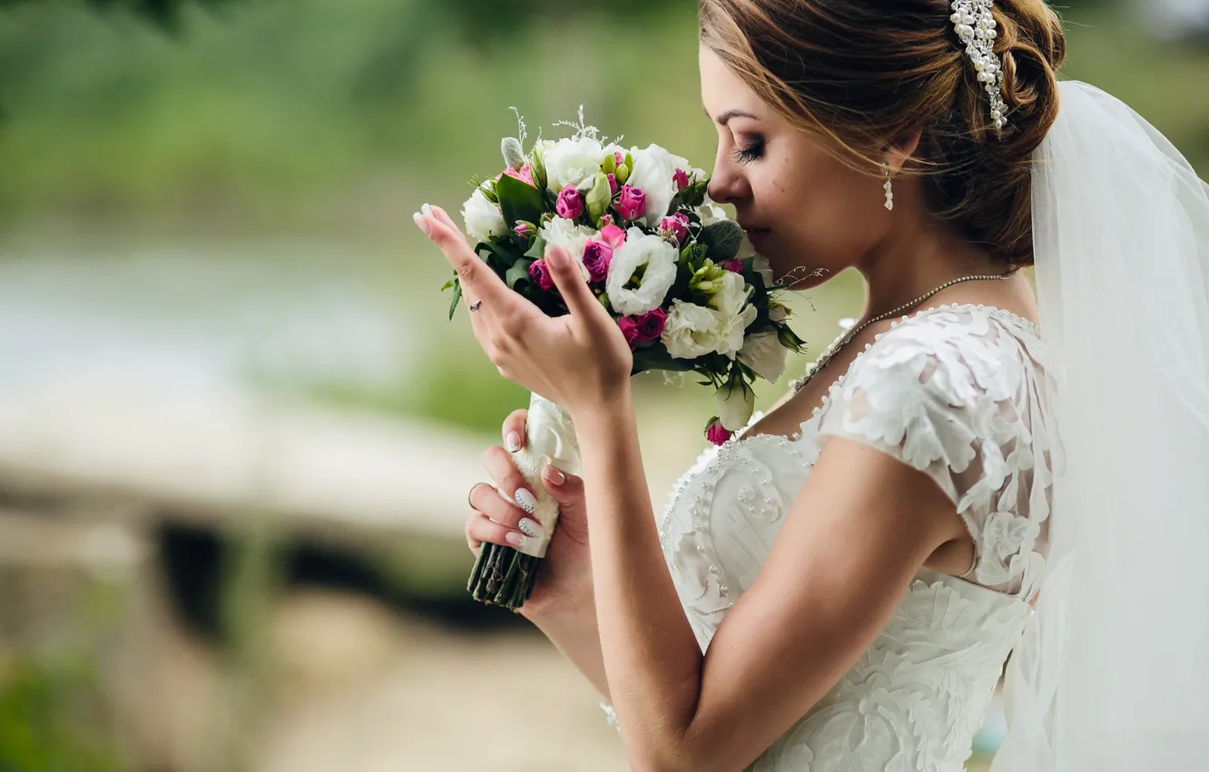 Фото обои девушка, букет, невеста, белое платье, фата, свадьба