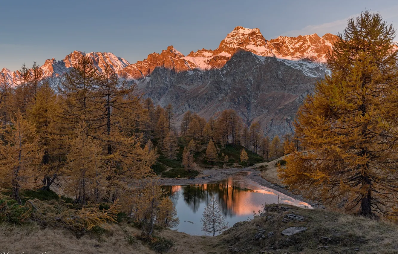 Фото обои осень, вода, деревья, пейзаж, горы, природа, утро