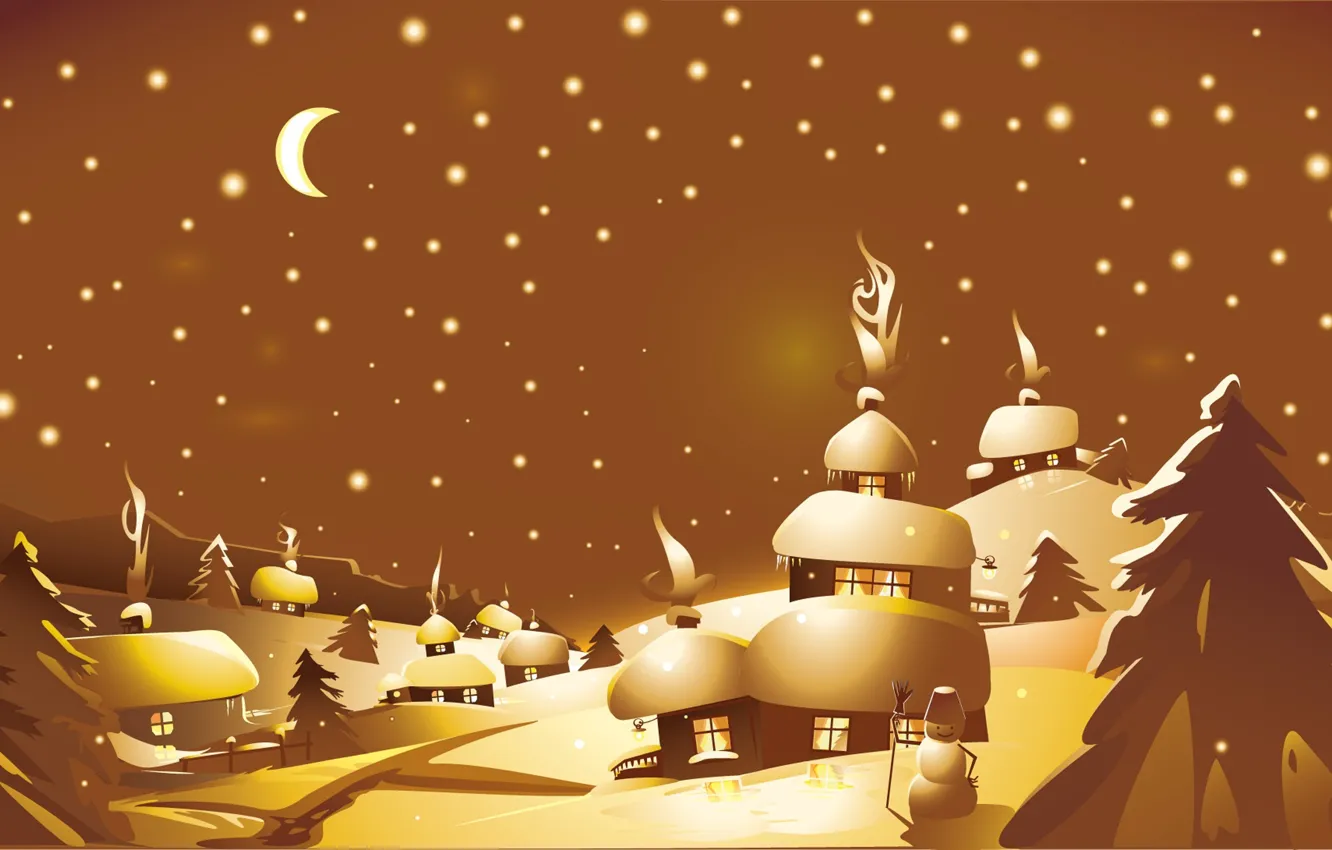 Фото обои зима, снег, ночь, холмы, окна, звёзды, месяц, домики
