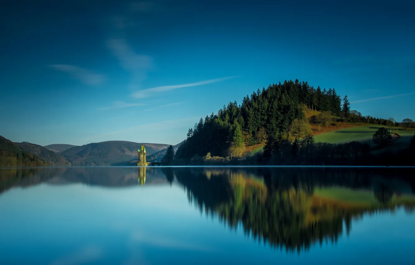 Фото обои озеро, гладь, спокойствие, башня, tower, Уэльс, Wales, Lake Vyrnwy